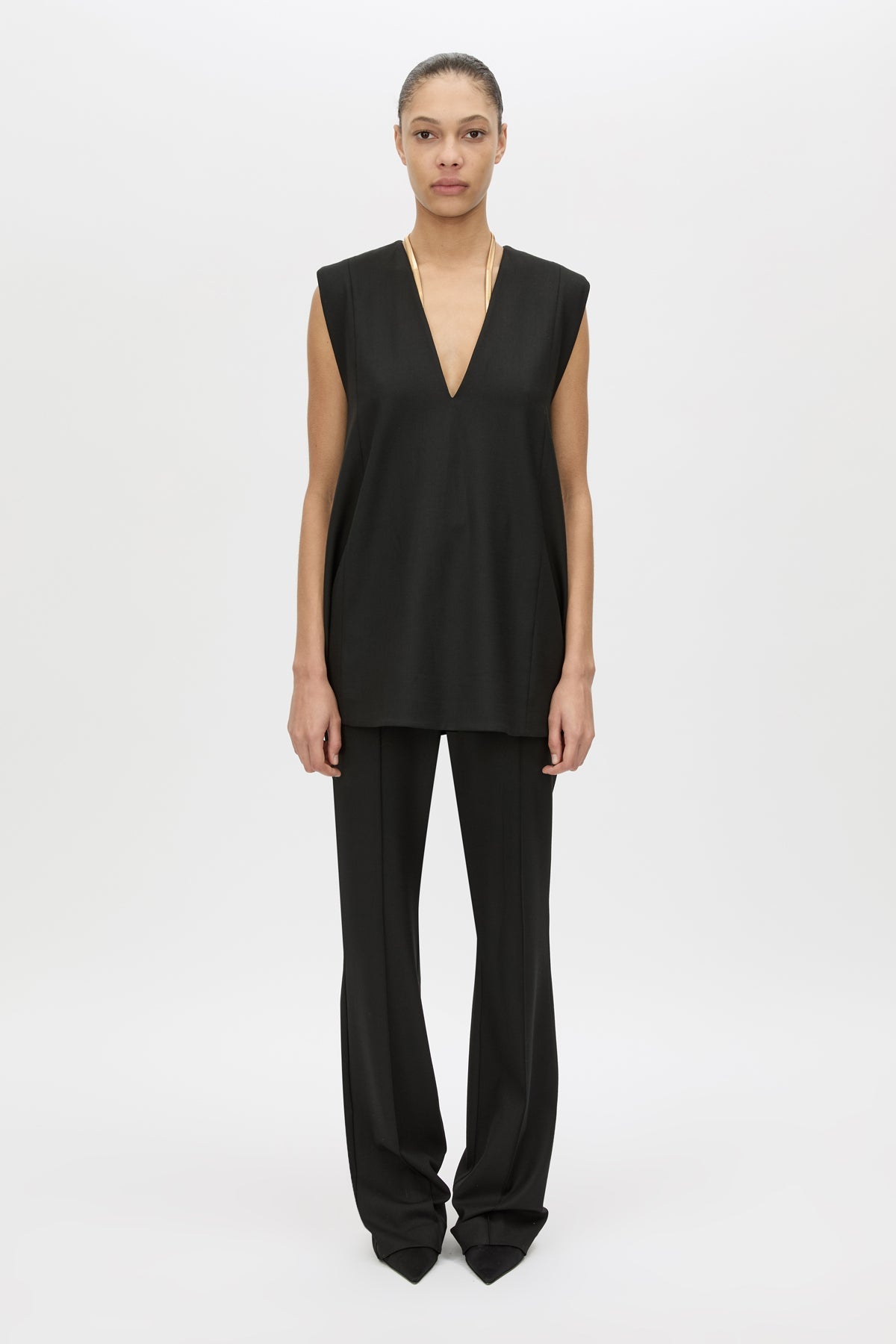 Front view CAMILLA AND MARC Cassie Top in Black styled with the Cassie Slim Pant.