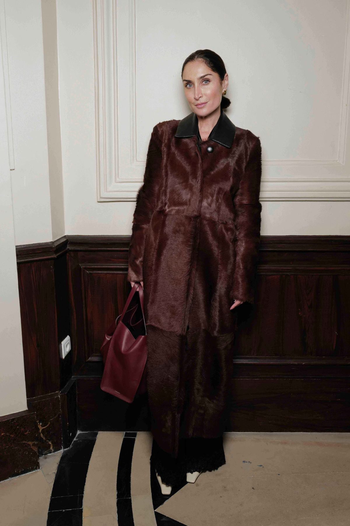 Front view CAMILLA AND MARC Rina Coat in Chocolate Brown styled at Paris Fashion Week.