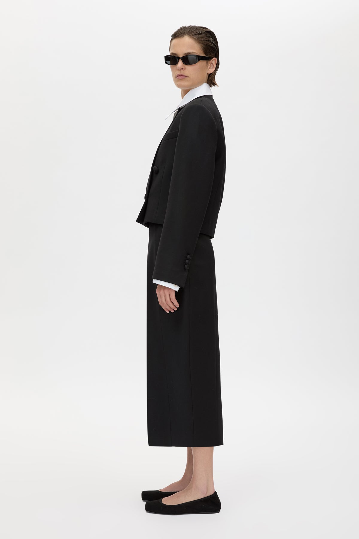 Side view CAMILLA AND MARC Caius Relaxed Cropped Blazer in Black with collarless neckline in Australian wool.