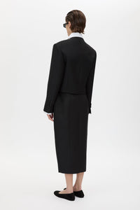 Back view CAMILLA AND MARC Caius Relaxed Cropped Blazer in Black with collarless neckline in Australian wool.
