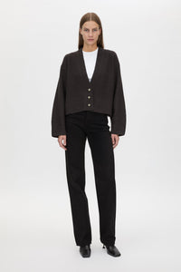 Front view CAMILLA AND MARC Atlas Knit Cardigan in Slate Grey with relaxed cropped silhouette.