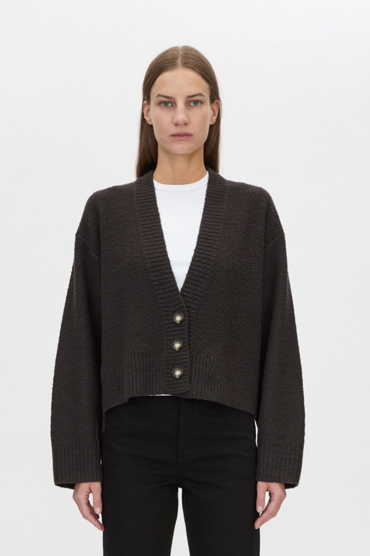 Cropped view CAMILLA AND MARC Atlas Knit Cardigan in Slate Grey with relaxed cropped silhouette.