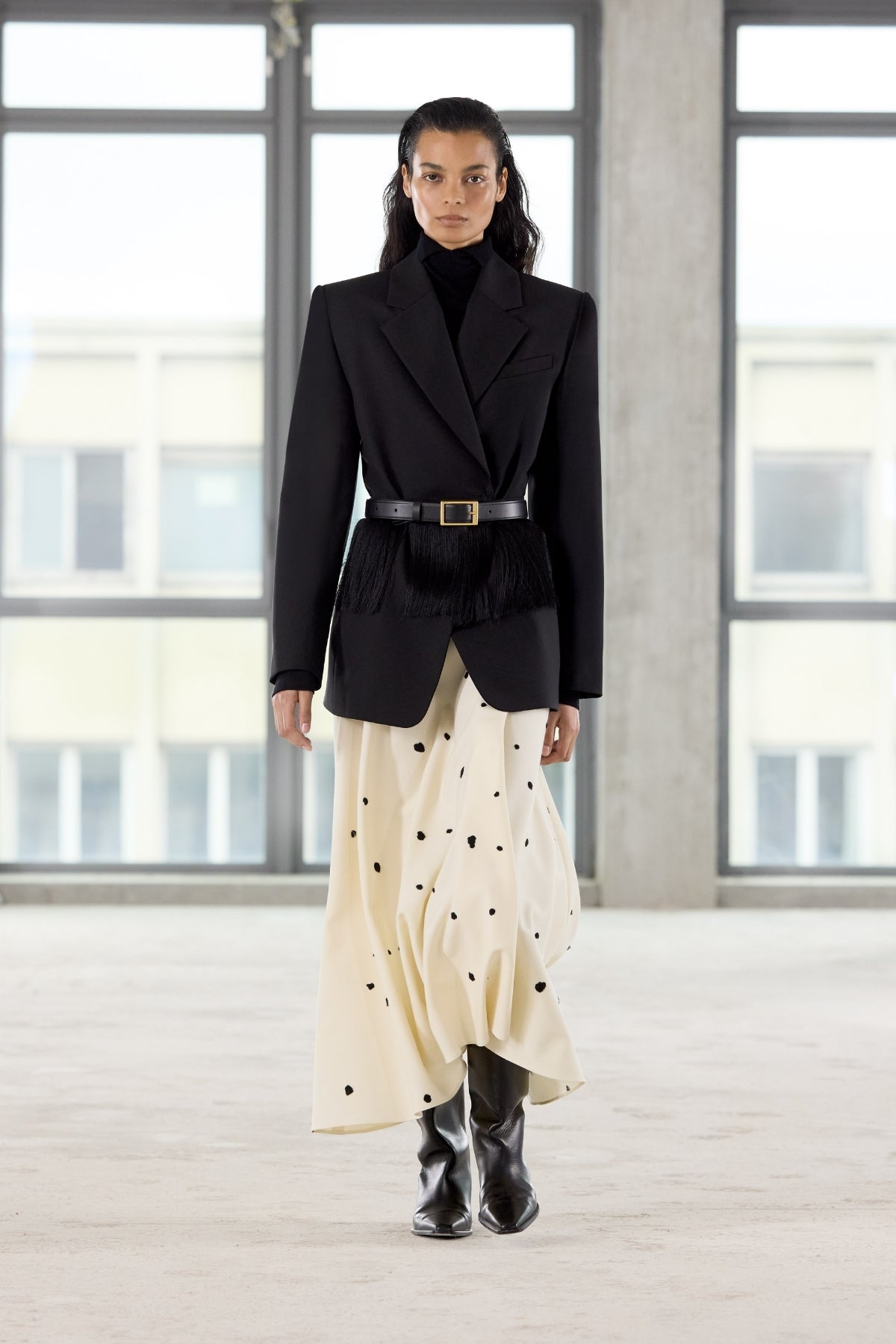 Runway view CAMILLA AND MARC Floret Blazer in Black featuring a tailored, single‑breasted silhouette.