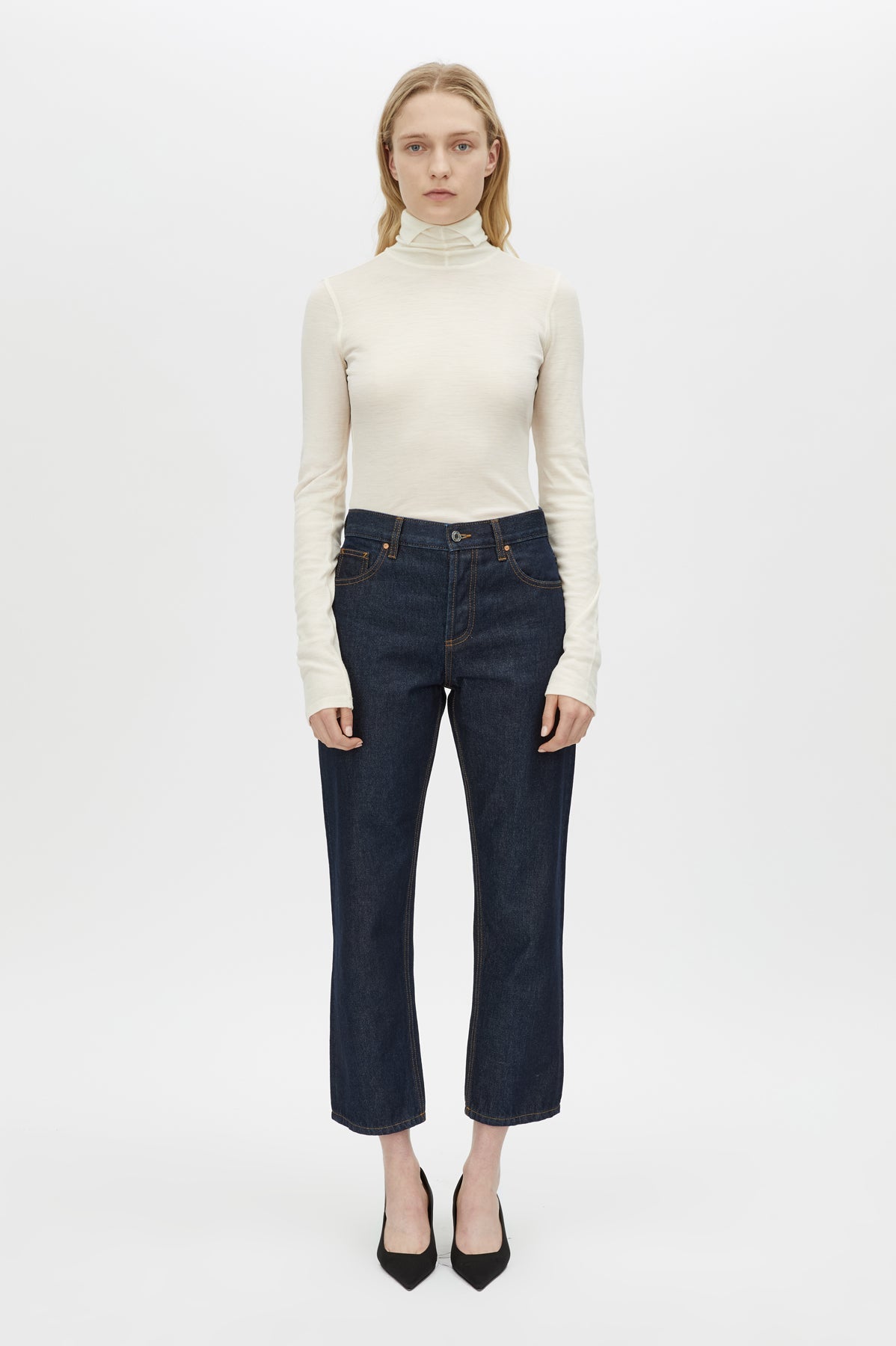 Front view CAMILLA AND MARC Daria Denim Jean in Indigo Blue with cropped straight‑leg silhouette.