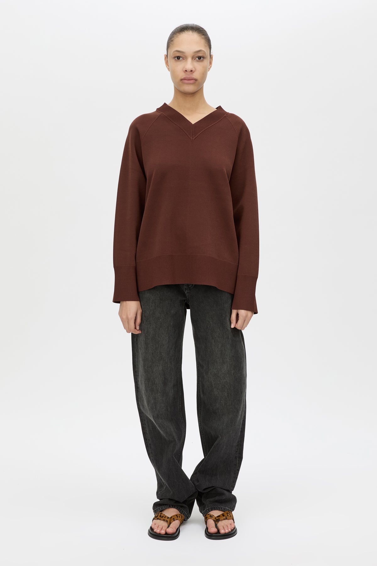 Front View CAMILLA AND MARC Donatello Knit Sweater in espresso brown with V neck and knit fabric.