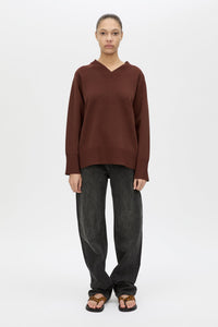 Front View CAMILLA AND MARC Donatello Knit Sweater in espresso brown with V neck and knit fabric.