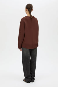 Back View CAMILLA AND MARC Donatello Knit Sweater in espresso brown with V neck and knit fabric.