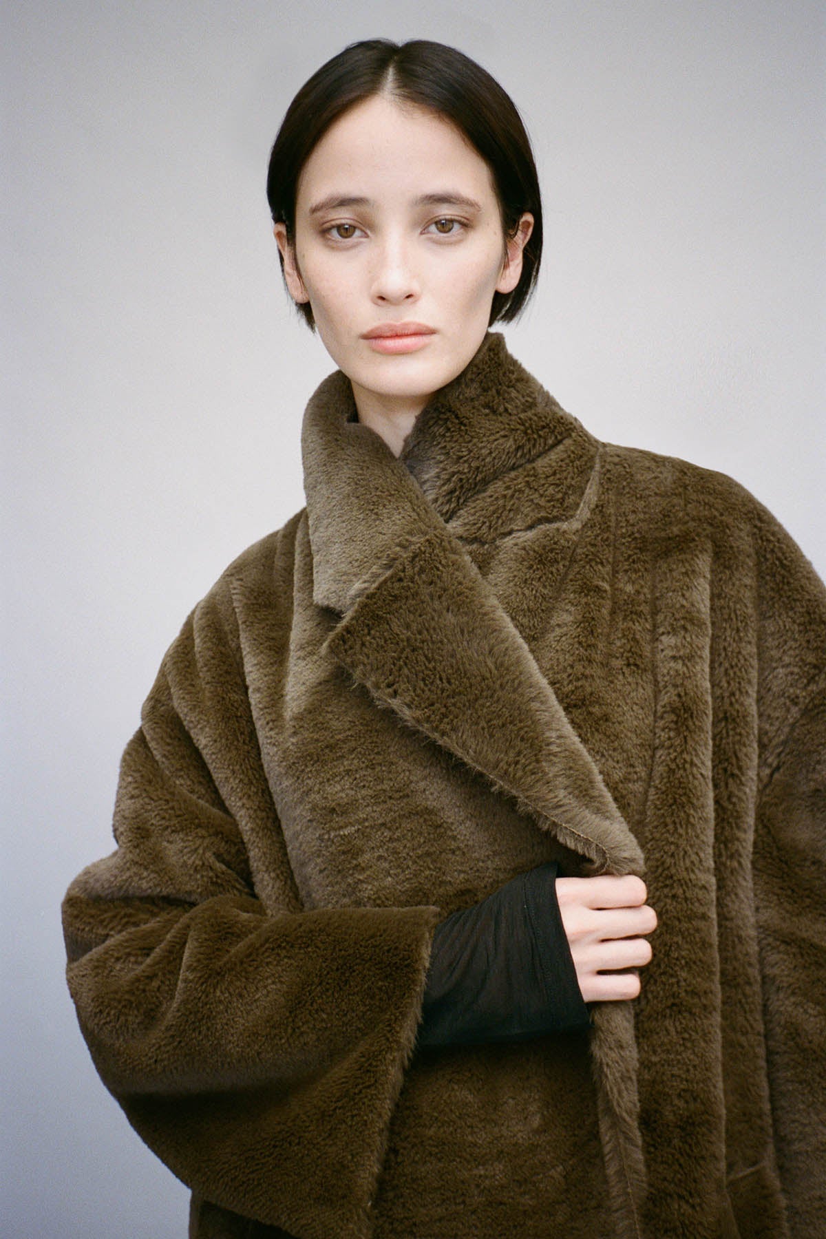 Styled view CAMILLA AND MARC Nala Furry Coat in truffle with oversized faux‑fur.