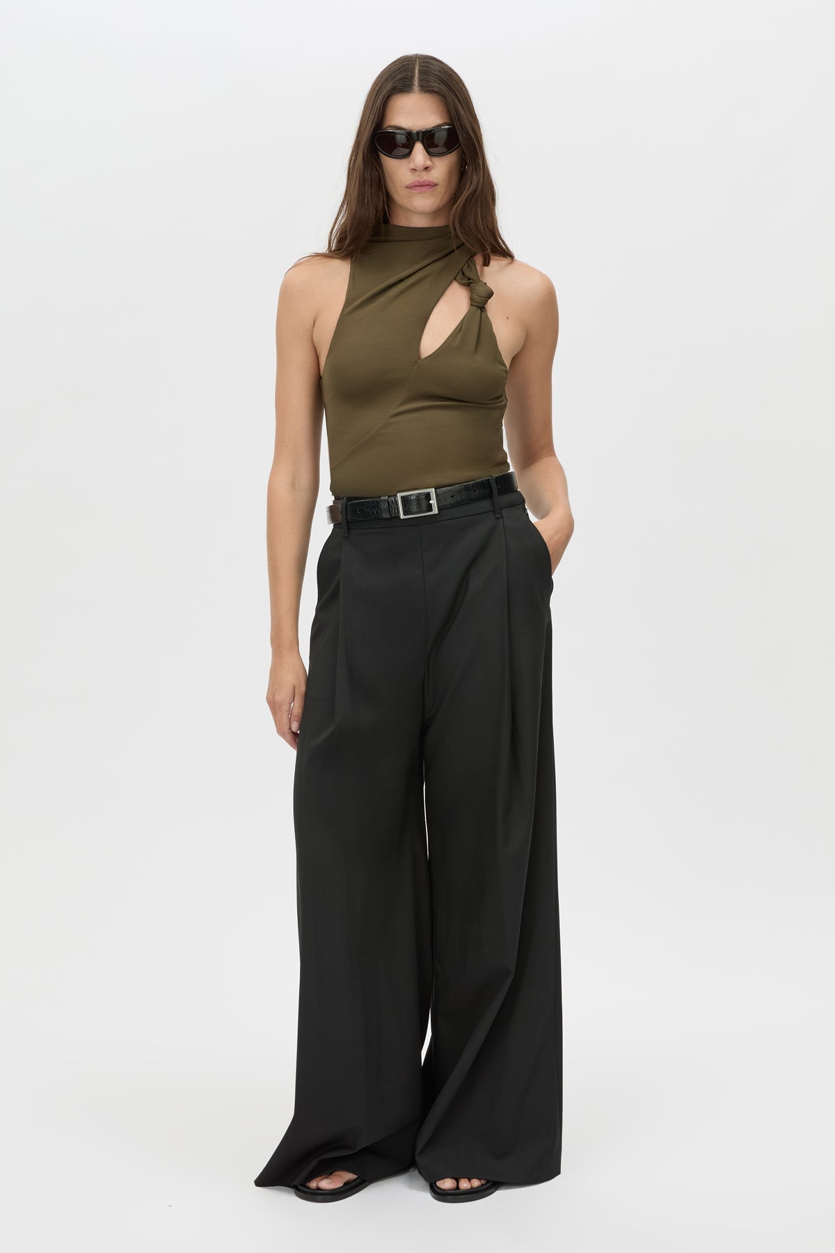 Front view CAMILLA AND MARC Alda Bodysuit in Khaki Green with chest knot detail.