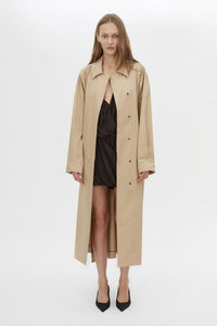Front view CAMILLA AND MARC Amery Mini Dress in Espresso styled with the Mahdavi Trench.