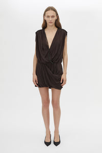 Front styled view CAMILLA AND MARC Amery Mini Dress in Espresso with draped short sleeves and a beaded neckline.