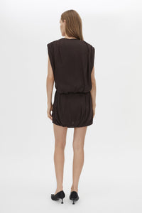 Back view CAMILLA AND MARC Amery Mini Dress in Espresso with draped short sleeves and a beaded neckline.