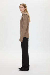 Side view CAMILLA AND MARC Anouk Knit Pullover in Caramel with quarter‑zip metal opening and cotton–merino blend.