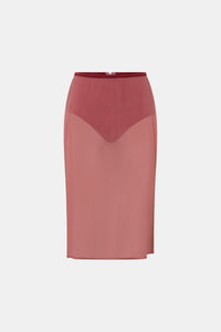 Ghost view CAMILLA AND MARC Arabella Midi Skirt in sheer dusty rose with detachable jersey brief and jersey mini skirt.