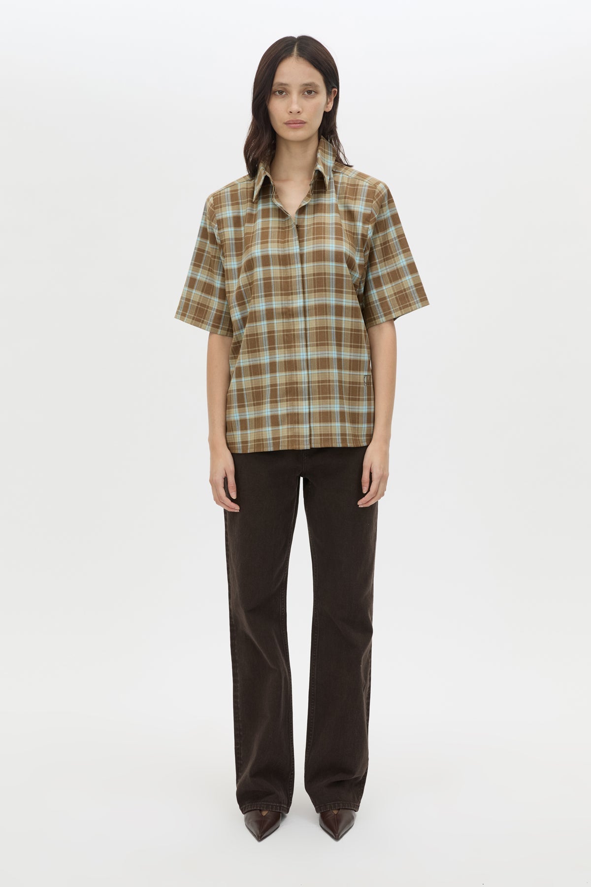 Front styled view CAMILLA AND MARC Arian short-sleeve collared shirt in chocolate brown check.