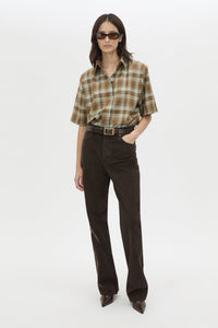 Front view CAMILLA AND MARC Arian short-sleeve collared shirt in chocolate brown check.