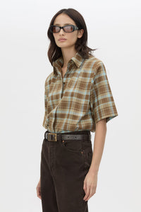 Cropped view CAMILLA AND MARC Arian short-sleeve collared shirt in chocolate brown check.