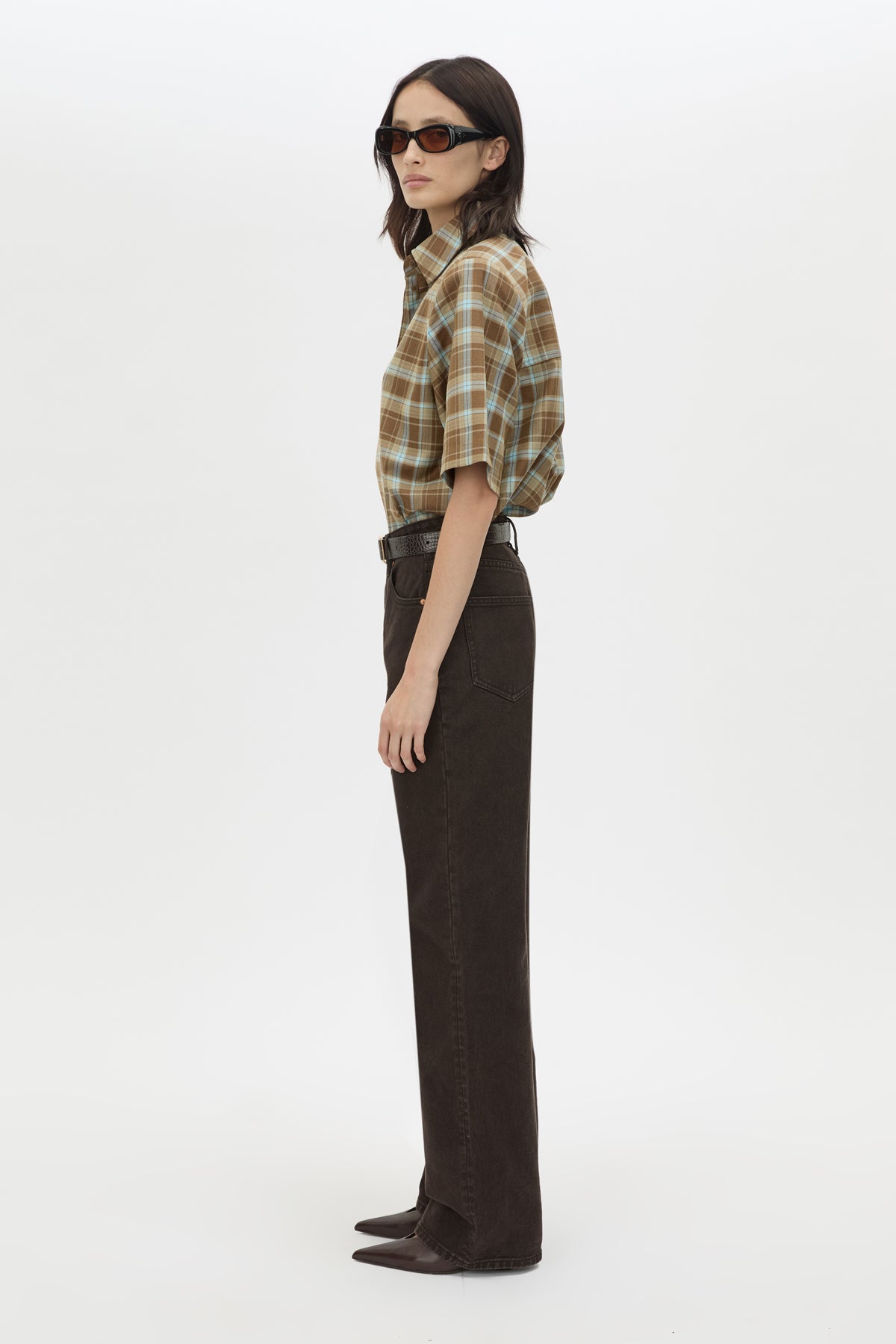 Side view CAMILLA AND MARC Arian short-sleeve collared shirt in chocolate brown check.