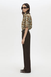 Side view CAMILLA AND MARC Arian short-sleeve collared shirt in chocolate brown check.