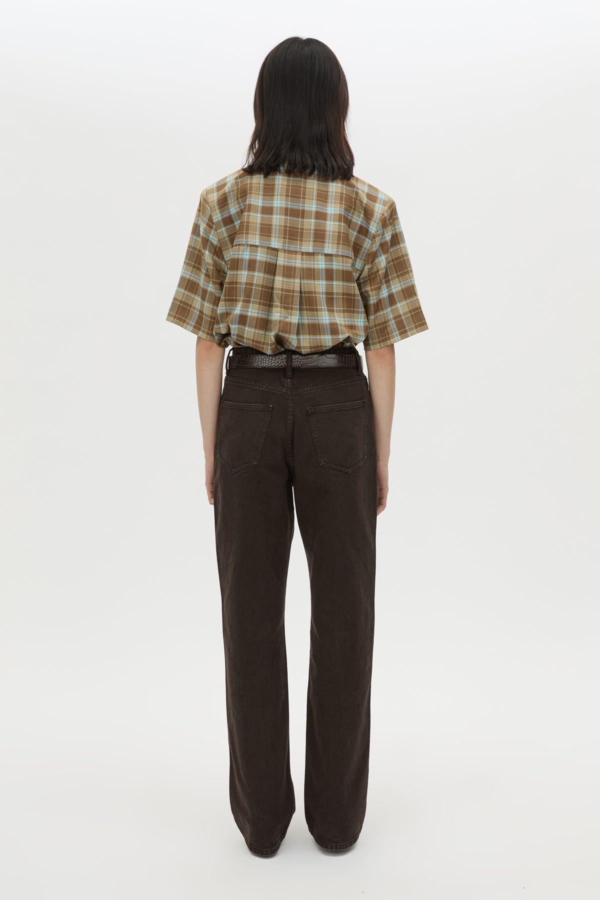 Back view CAMILLA AND MARC Arian short-sleeve collared shirt in chocolate brown check.