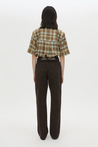 Back view CAMILLA AND MARC Arian short-sleeve collared shirt in chocolate brown check.