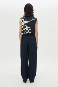 Back view CAMILLA AND MARC Asper Top in Navy print with sleeveless shell silhouette and high neckline.