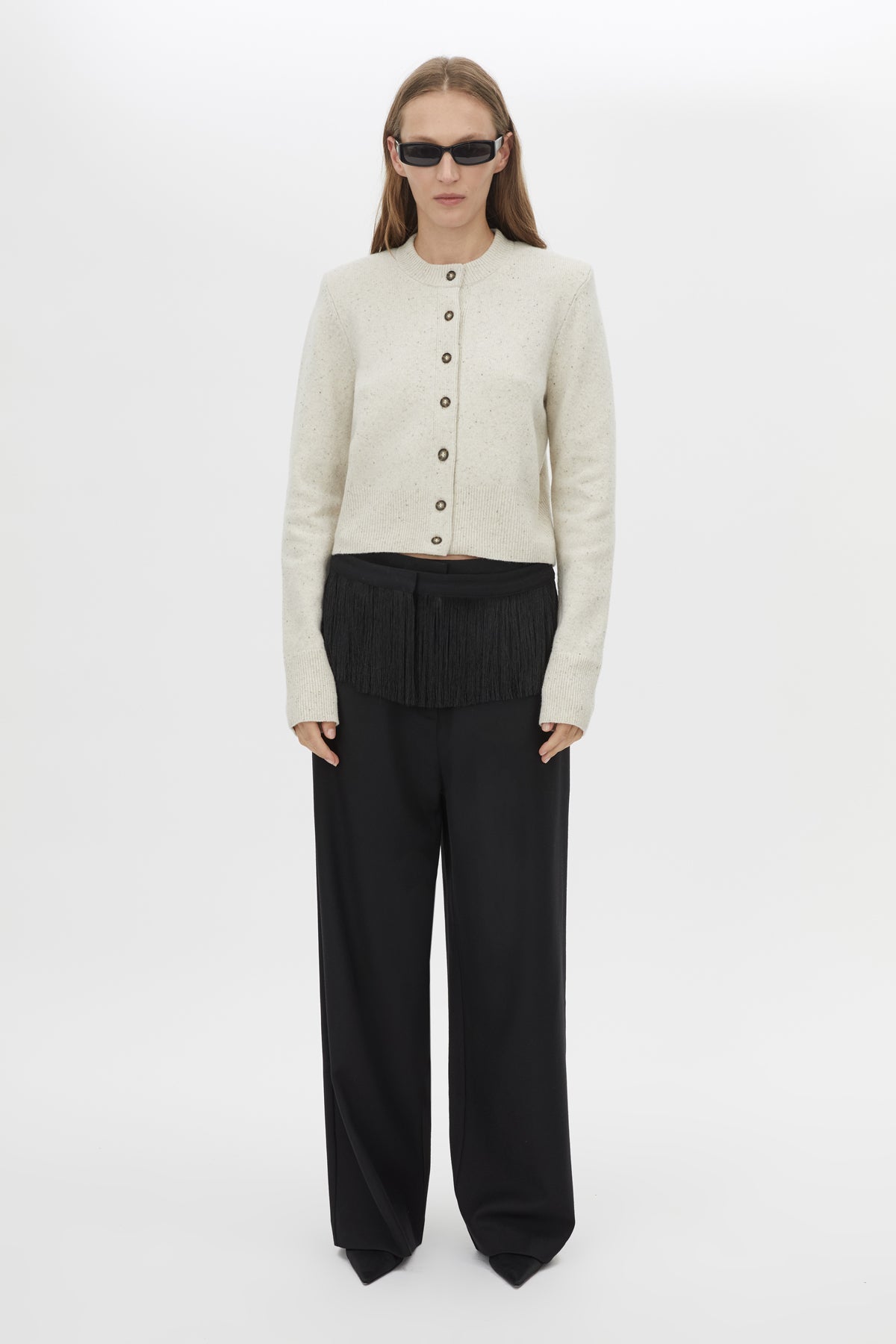 Front Styled View CAMILLA AND MARC Atkinson Knit Cardigan in cream with cropped fit and removable shoulder pads
