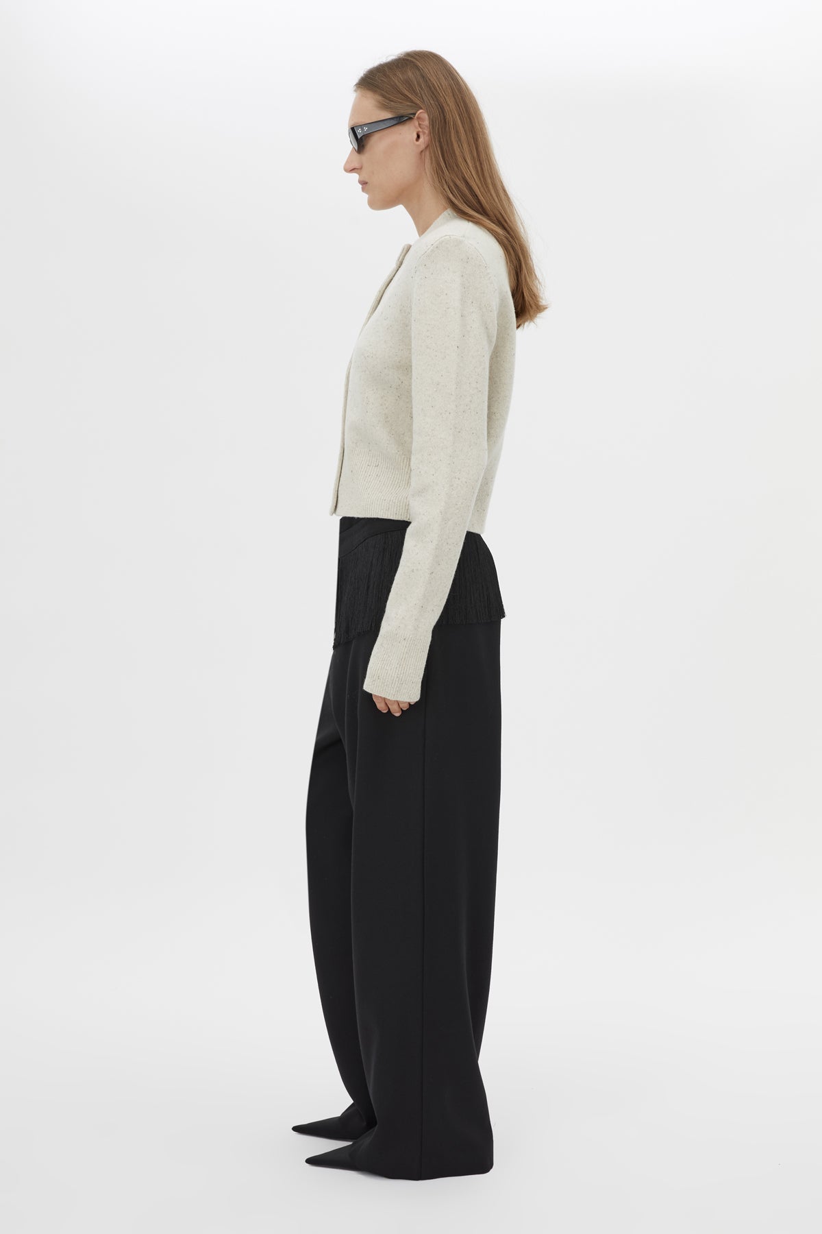 Side View CAMILLA AND MARC Atkinson Knit Cardigan in cream with cropped fit and removable shoulder pads