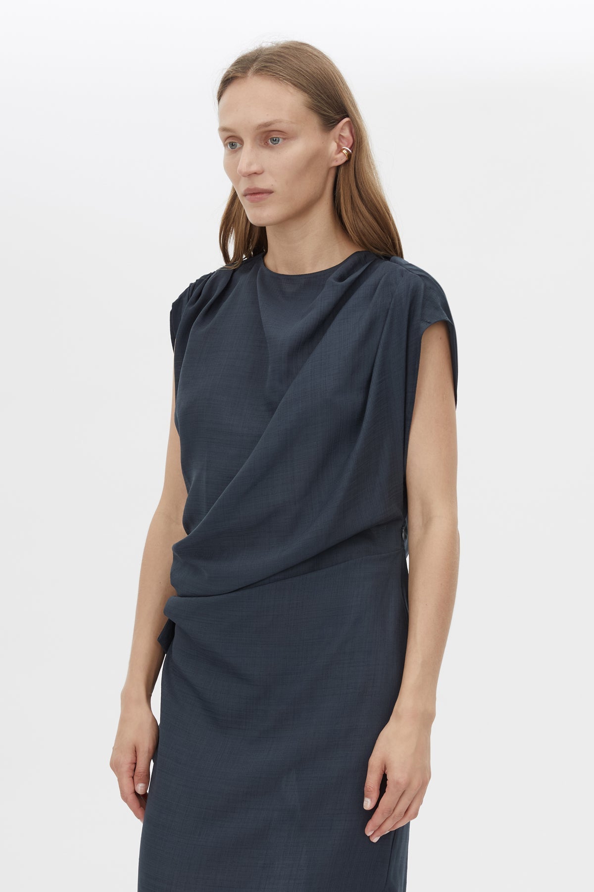Cropped view CAMILLA AND MARC Audry Midi Dress in French Navy with draped sleeveless silhouette.