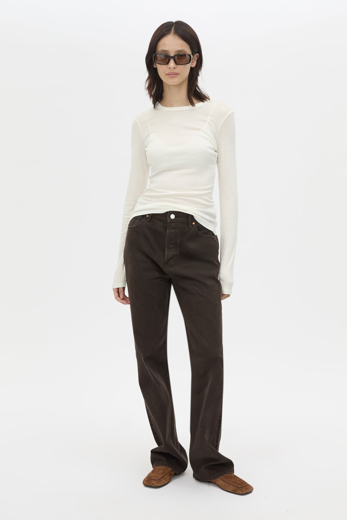 Front styled view CAMILLA AND MARC Barre Long Sleeve Top in Soft White with slim silhouette.