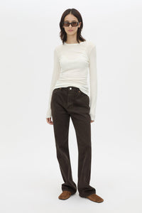 Front styled view CAMILLA AND MARC Barre Long Sleeve Top in Soft White with slim silhouette.