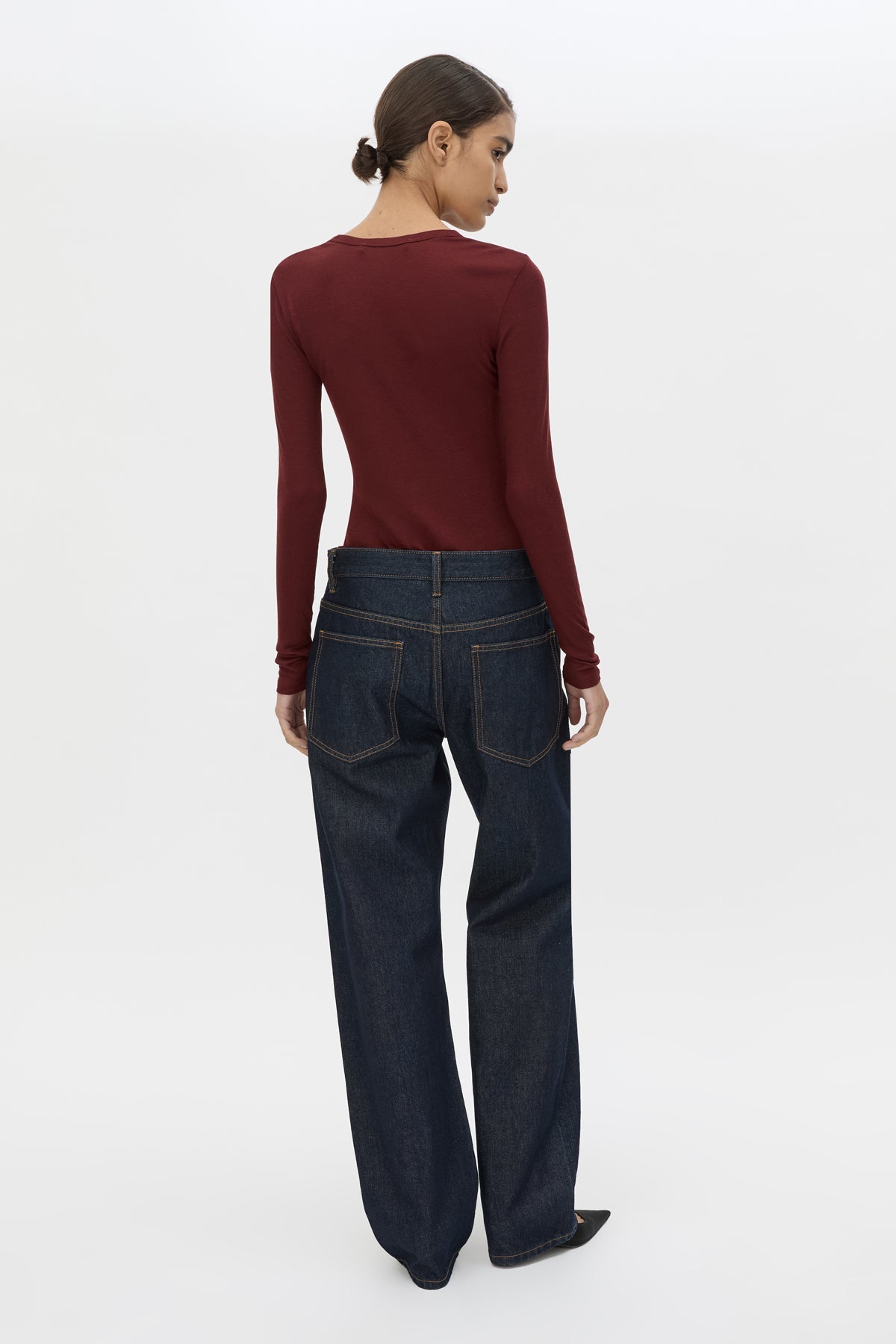 Back view CAMILLA AND MARC Barre Long Sleeve Top in Burgundy with fitted silhouette and crew neckline.