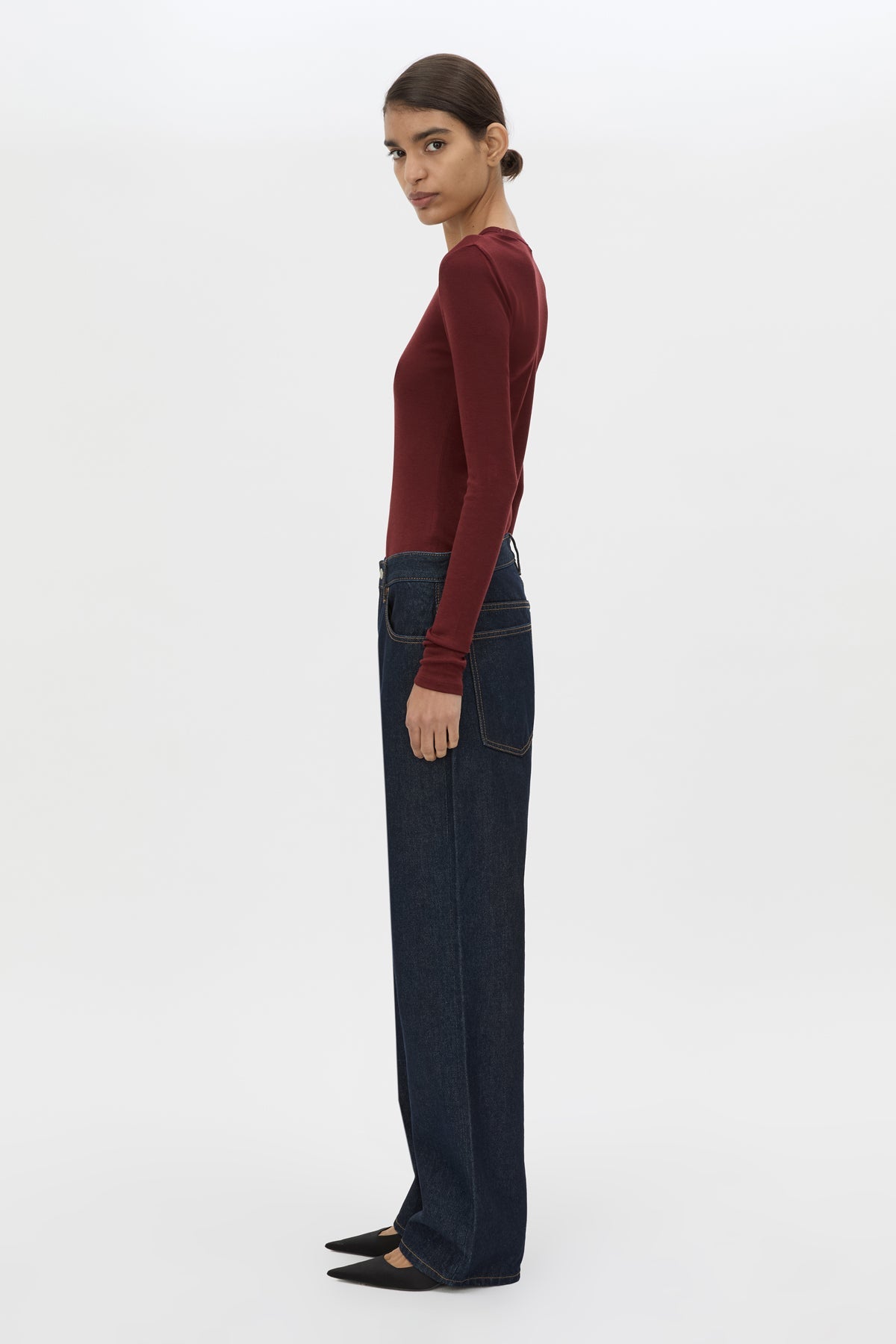 Side view CAMILLA AND MARC Barre Long Sleeve Top in Burgundy with fitted silhouette and crew neckline.
