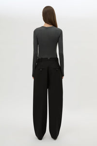 Back view CAMILLA AND MARC Barre Long Sleeve Top in Charcoal Grey with fitted silhouette and crew neckline.