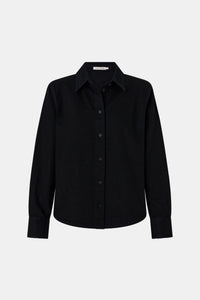 Ghost view CAMILLA AND MARC Caden Denim Shirt in True Black with shoulder pads and embroidered monogram detailing.