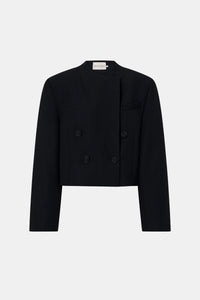 Ghost front view CAMILLA AND MARC Caius Relaxed Cropped Blazer in Black with collarless neckline in Australian wool.