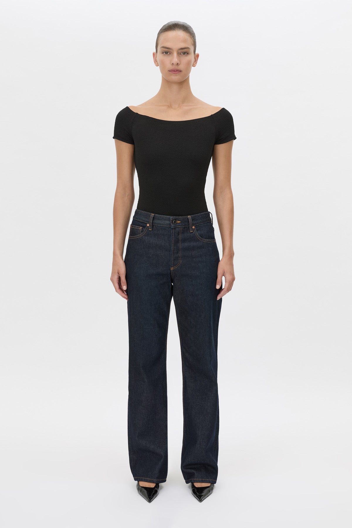 Front view CAMILLA AND MARC Cali Off The Shoulder Bodysuit in black.