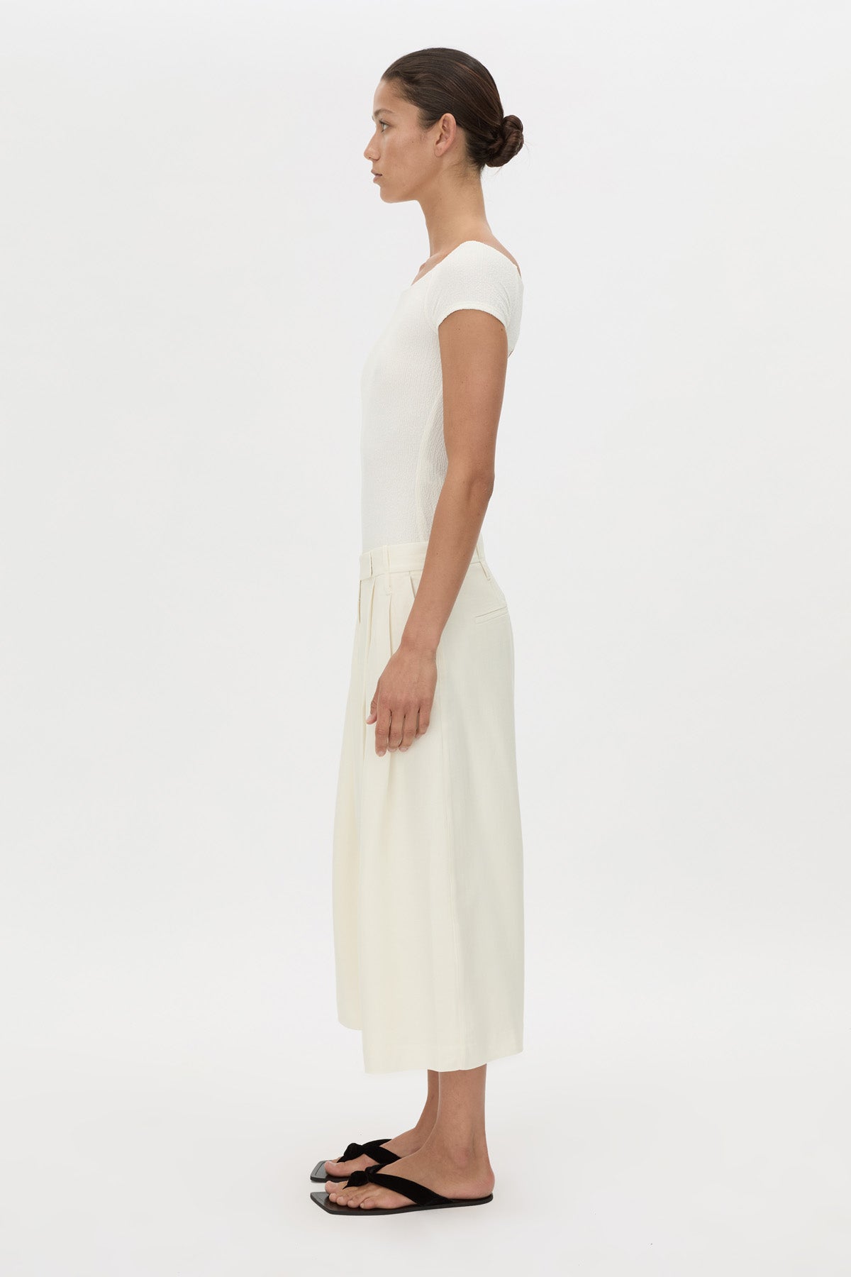 Side view CAMILLA AND MARC Cali Off The Shoulder Bodysuit in soft white.