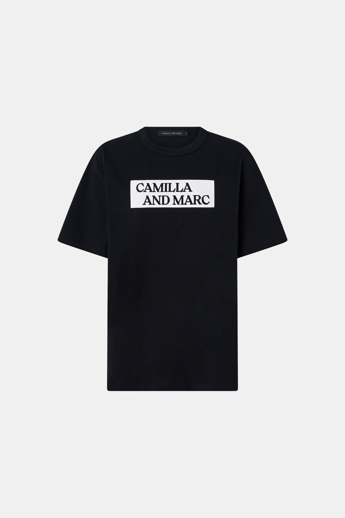 Ghost view CAMILLA AND MARC Carmont Graphic Tee in Black with white graphic logo.