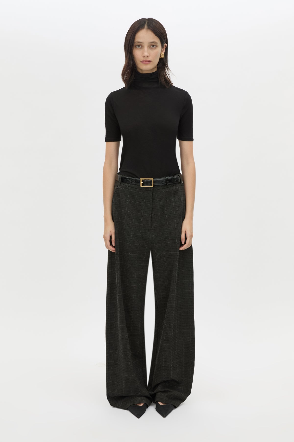 Front View - CAMILLA AND MARC Casio drop crotch check pant in charcoal grey. Side and back pockets. 