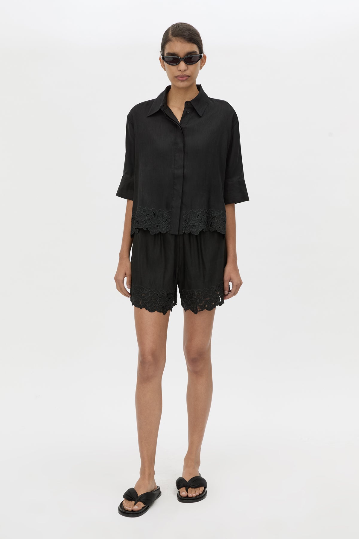 Front view CAMILLA AND MARC Chara Embroidered Cropped Shirt in Black styled with the Chara Embroidered Short.