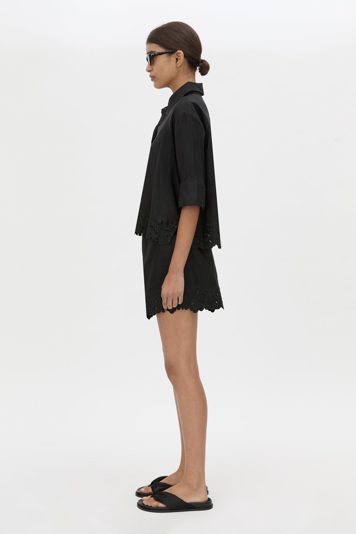 Side view CAMILLA AND MARC Chara Embroidered Cropped Shirt in Black with short sleeves.