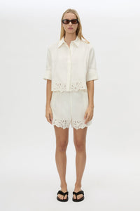 Front view CAMILLA AND MARC Chara Embroidered Cropped Shirt in Cream styled with the Chara Short.