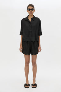 Front view CAMILLA AND MARC Chara Embroidered Short in Black styled with the Chara Cropped Embroidered Shirt.