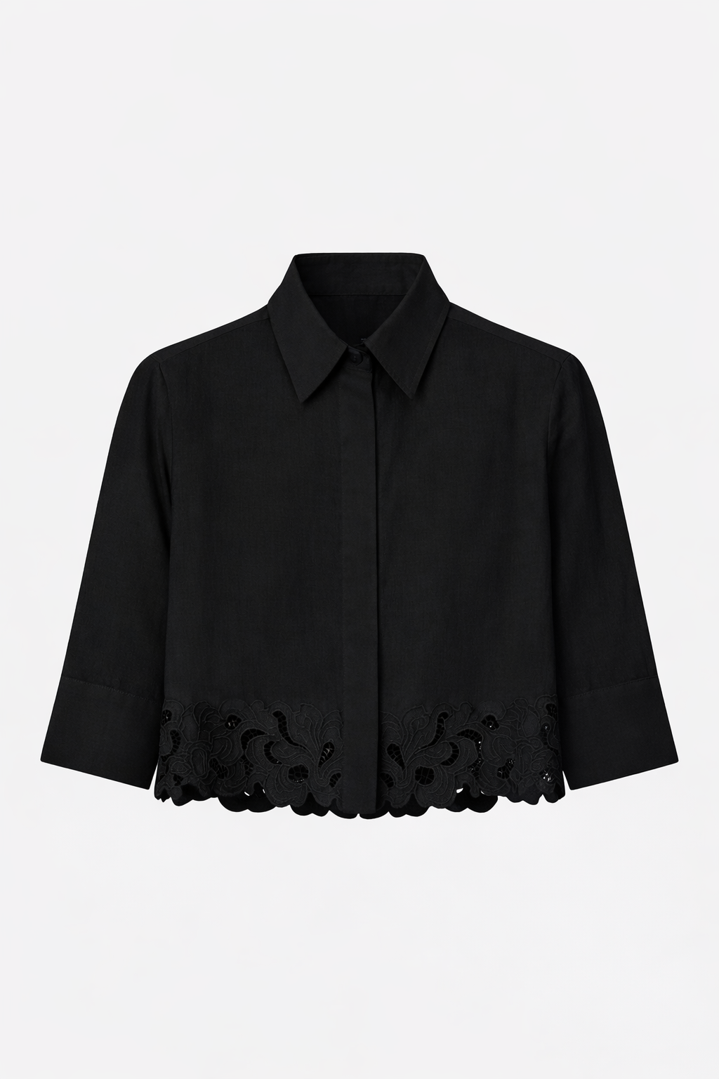 Ghost front view CAMILLA AND MARC Chara Embroidered Cropped Shirt in Black with short sleeves.