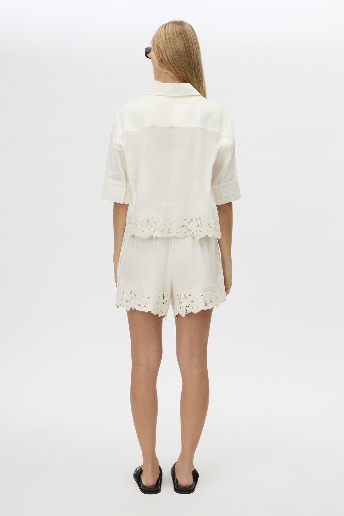 Back view CAMILLA AND MARC Chara Embroidered Short in Cream with embroidered hem, and elastic waistband.