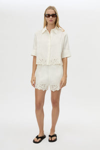 Front view CAMILLA AND MARC Chara Embroidered Short in Cream with embroidered hem, and elastic waistband.