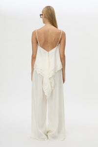 Back view CAMILLA AND MARC Chara Relaxed Pant in Cream with elastic waist, and back welts.