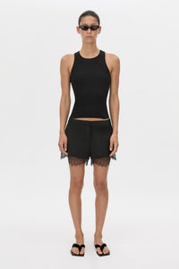 Front view CAMILLA AND MARC Chiaro Mini Short in black with lace hem detail.