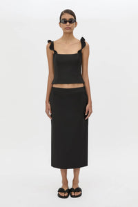 Front view CAMILLA AND MARC Chiaro Midi Skirt in black with low‑rise fit.